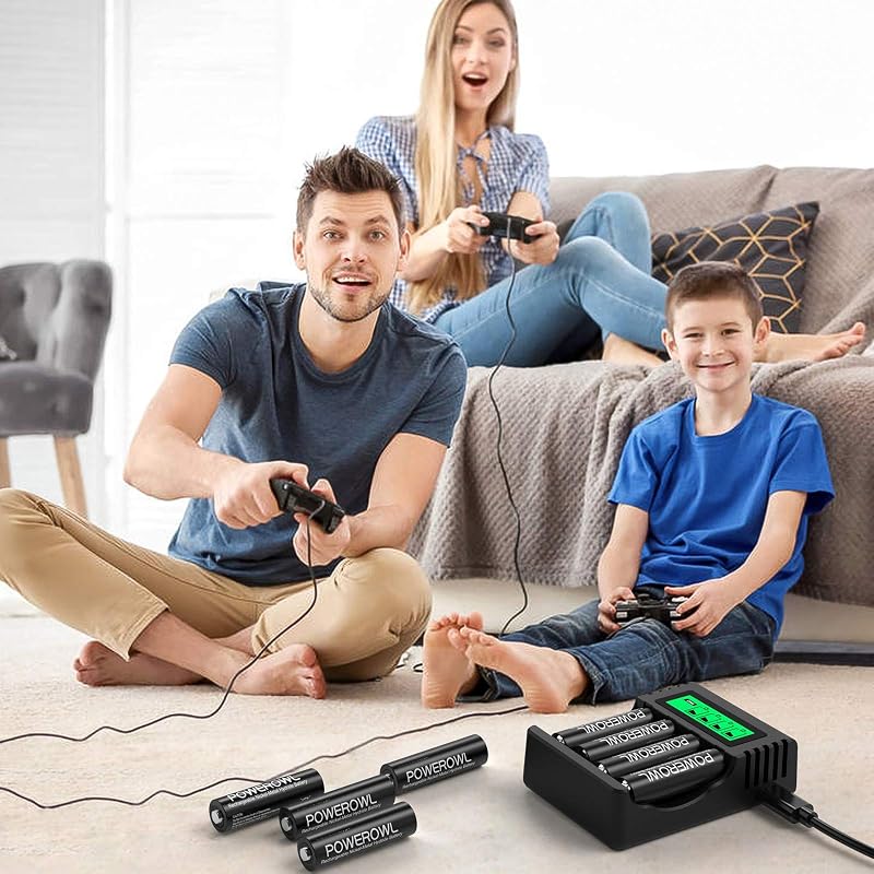 Acumulatori reîncărcabili POWEROWL AA Ni-MH 2800 mAh, set de 8 bucăți cu încărcător pentru 4 sloturi, încărcare rapidă USB și canale independente, pentru dispozitive AA