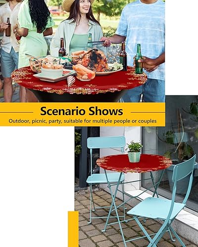 Miniatura 6 de Mantel redondo ajustable con diseño de copos de nieve, mantel elástico impermeable para interiores y exteriores, mantel elástico para cenas,