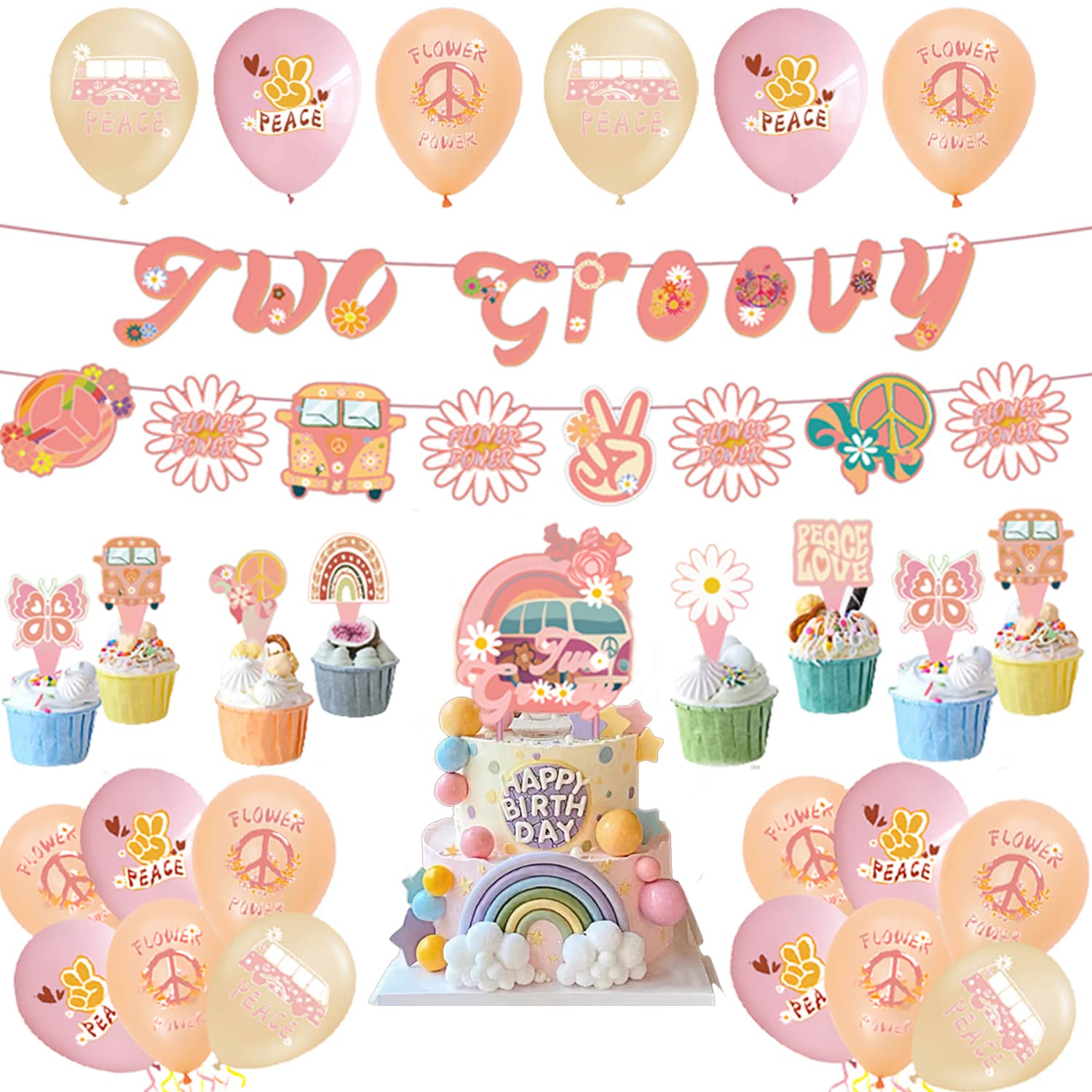Two Groovy Party Decorations Girl Retro Hippie Boho 60s 70s Birthday Decor with 2 Groovy Cupcake Cake Toppers Balloons Banner