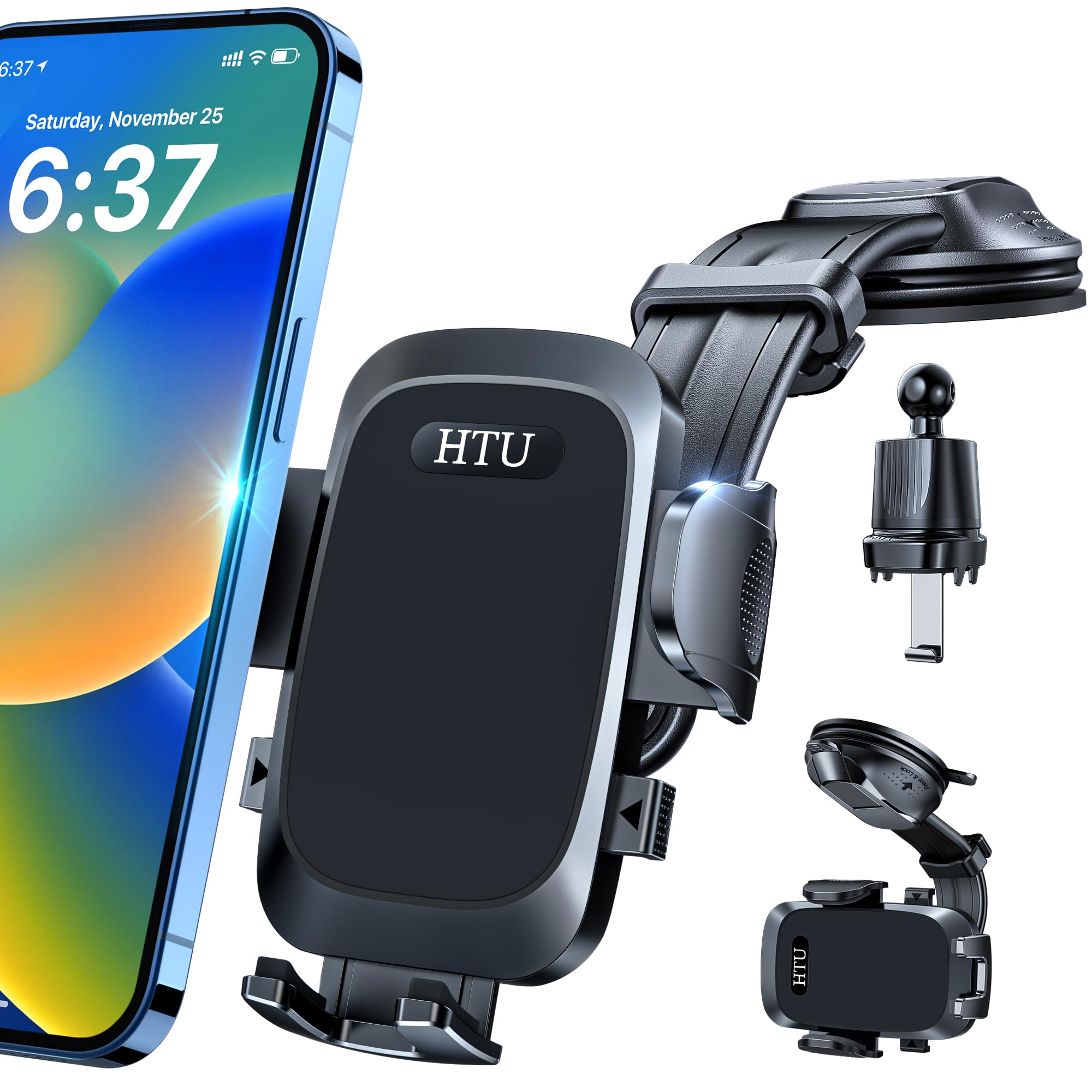 HTU [True Military-Grade Car Phone Holder [2025 Upgraded Strongest Suction & Vent Clip] Cell Phone Car Mount for Dashboard Windshield Vent Truck Cradle Dash Stand,Black (Black)