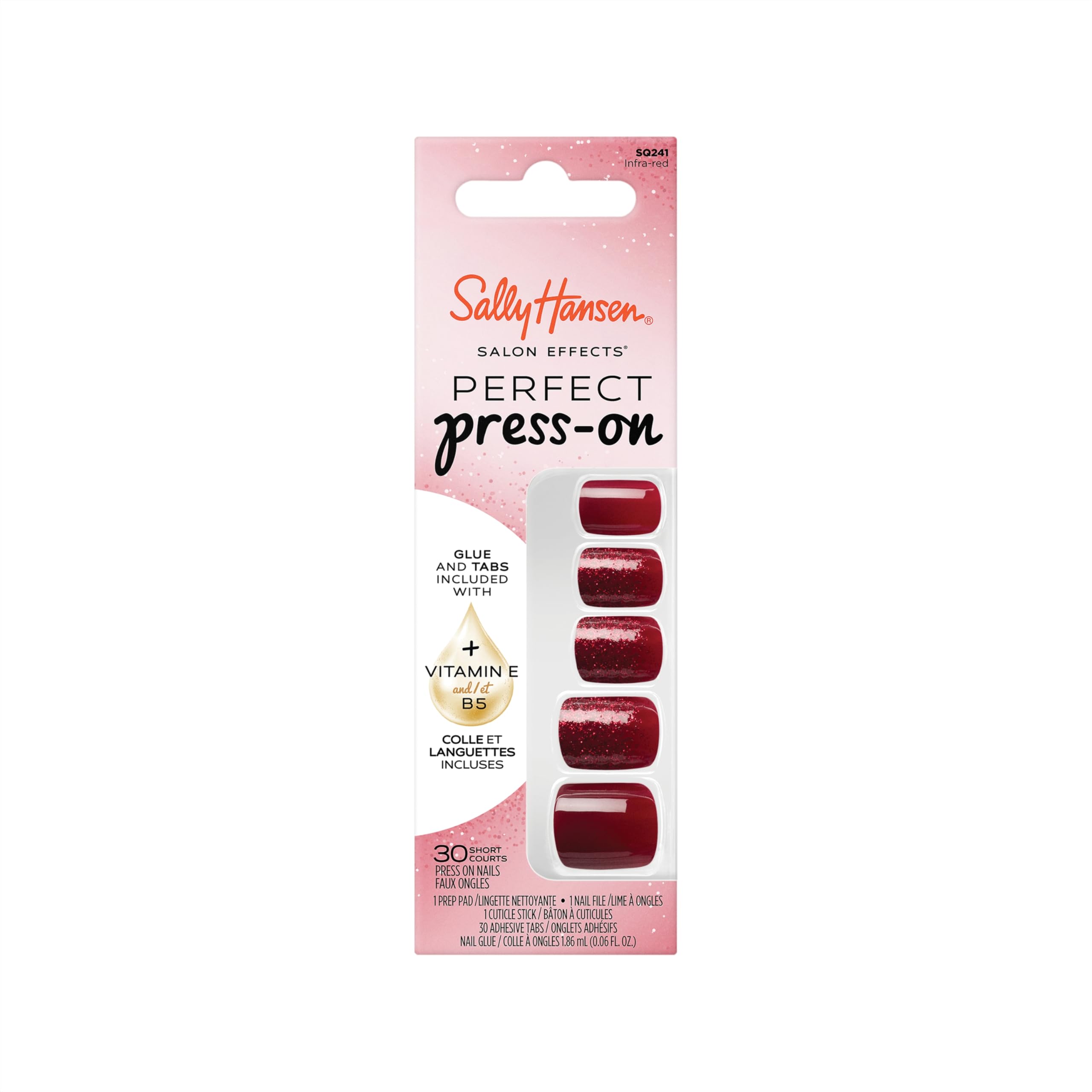 Sally Hansen Salon Effects Perfect Press On Nails, Infra Red, Easy to Apply with Adhesive Tabs & Glue, Manicure at Home, 30 Pcs