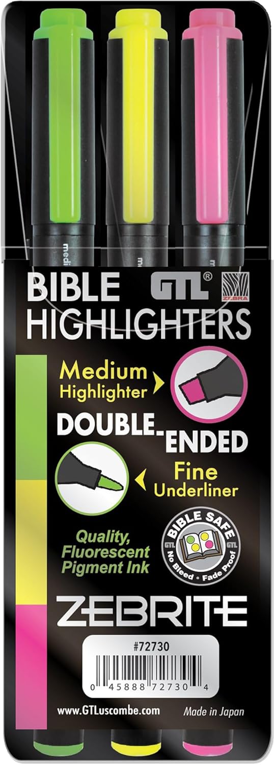 G.T. Luscombe Company, Inc. Zebrite Double Ended Bible Highlighter Set | No Bleed Pigmented Ink | No Fading or Smearing | Double Ended for Highlighting & Underlining | Green, Yellow, Pink (Set of 3)