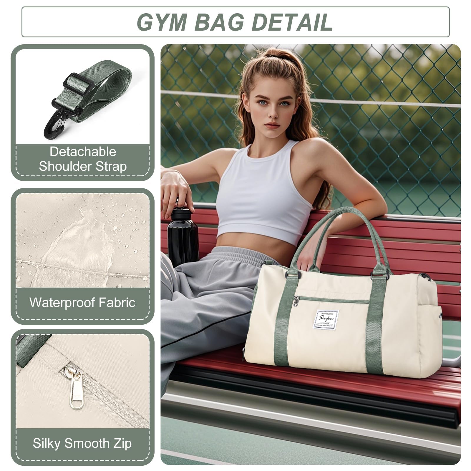 HYC00 Borsone Palestra Donna Uomo Borsa Sportiva con Scomparto Scarpe Borsone da Viaggio Sports Gym Bag Grande Borse da Palestra Piscina Donna Fitness Weekend Duffel Bag Borsa per Ospedale,Beige Verde