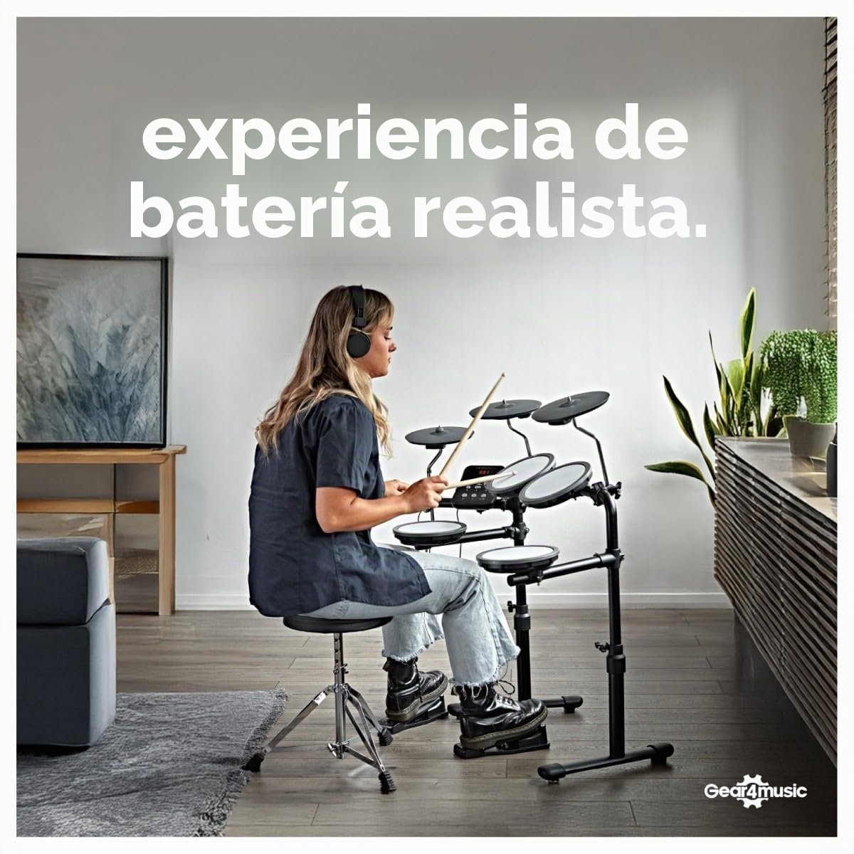 VISIONDRUM Batería Electrónica Niños y Adulto, 7 Pads en Malla, Azul | Kit de Batería Eléctrica, Altura Regulable, Diseño Plegable, Auriculares, Taburete y Baquetas Incluidos