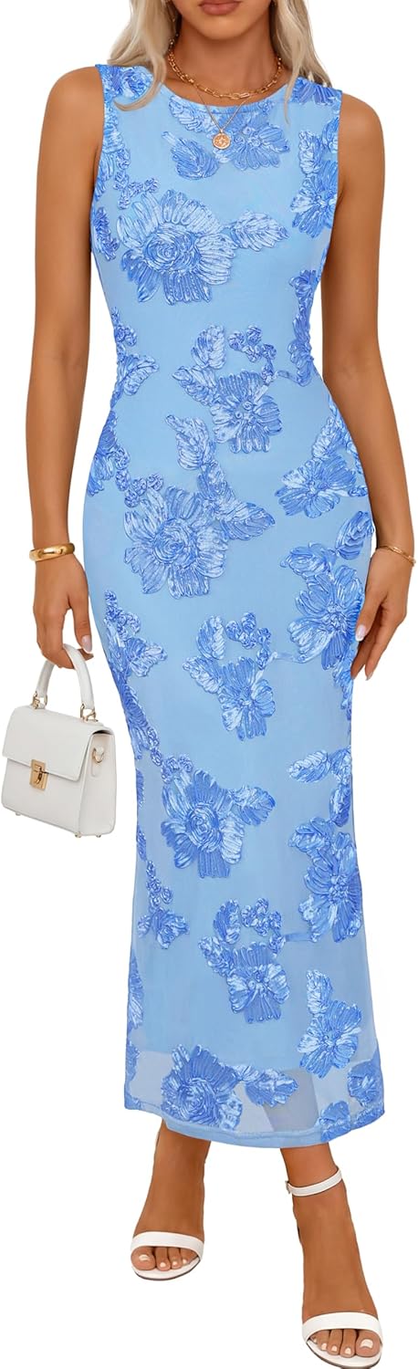 MEROKEETY Women's Summer Floral Bodycon Maxi Dress 2026 Slit Mesh Sleeveless Formal Wedding Guest Cocktail Party Long Dresses