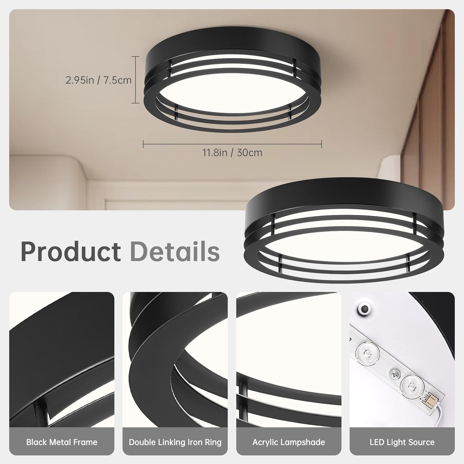 Black Flush Mount Ceiling Light, Modern Dimmable LED Light Fixture, Minimalist Metal Ceiling Lamp for Bedroom Kitchen Laundry Room Hallway Entry 2700 K - 6000 K 5CCT 11.8 Inch