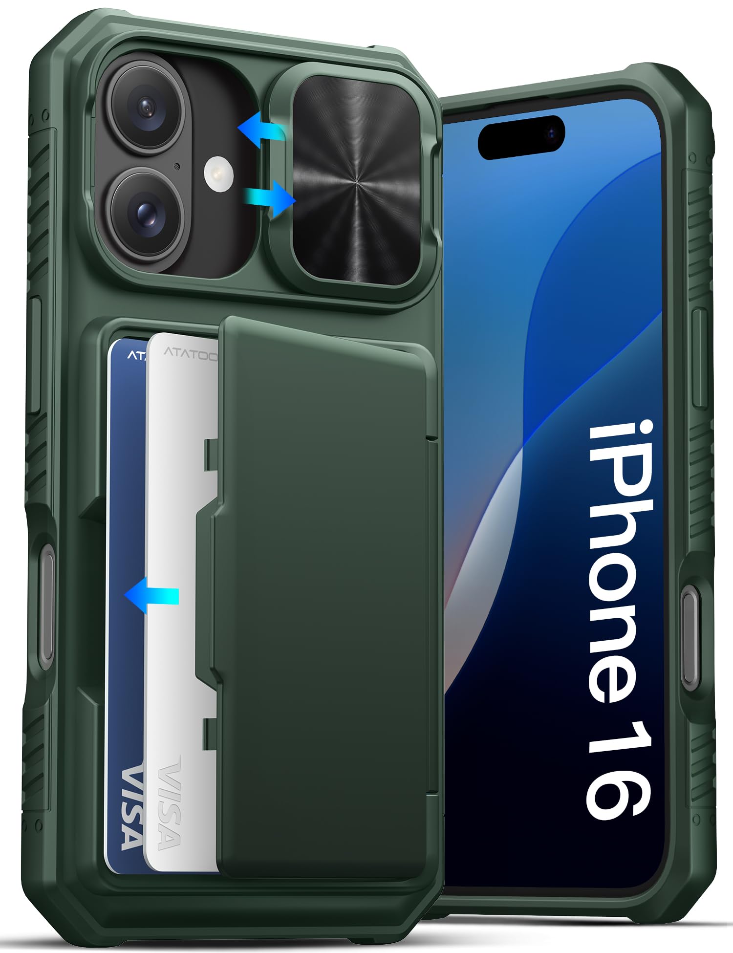 ATATOO for iPhone 16 Case Wallet with Card Holder (Store 3-5 Cards), Green