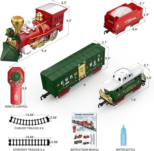 Miniatura 7 de Hot Bee Juego de tren de Navidad con control remoto, juguetes de tren con humo, luces y sonido, juegos de tren de Navidad para alrededor del árbol,