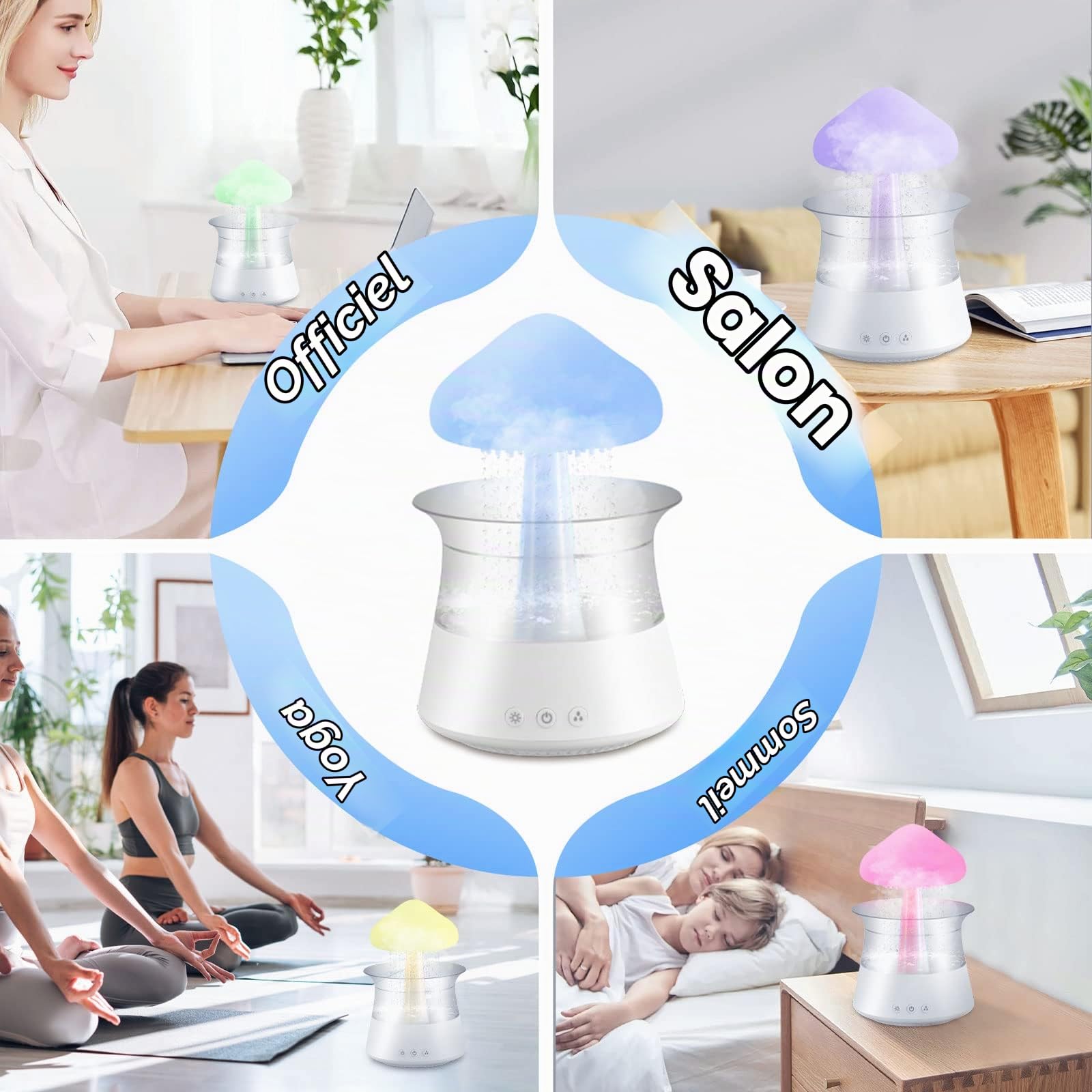 Towwoo 3 en 1 Humidificateur Nuage de Pluie, Diffuseur d'huiles Essentielles d'aromathérapie, Aromathérapie Veilleuse avec 7 Couleurs Changeantes Lumières Son et 3 Modes Brume de Pluie