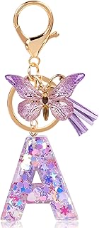 سلاسل مفاتيح بتصميم حرف اولي للنساء والفتيات مع فراشة بشراشيب، سلسلة مفاتيح لطيفة على شكل حرف لطيف للمفاتيح والمحفظة وشنط اليد، ارجواني