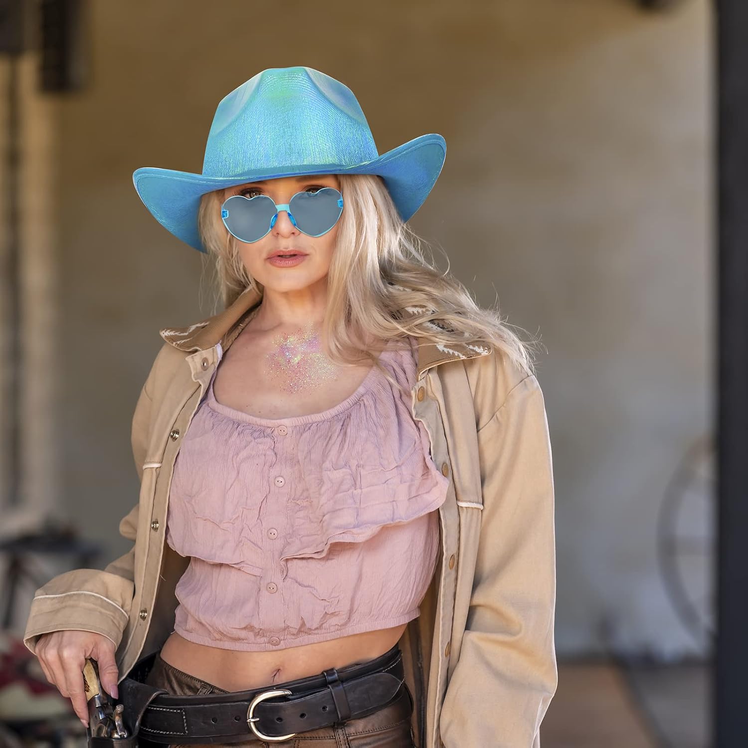 Zhanmai 4 Sets Neon Hat for Cowboy Hats Space Women with Heart Glasses Goggles and Glitter for Costume Accessories Disco Rodeo Party Decor - Image 5