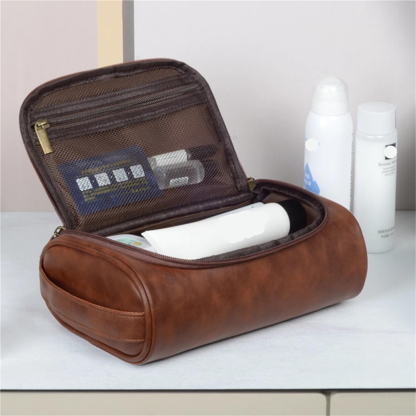 Retro PU Leather Travel Toiletry Bag - Waterproof Cosmetic Organizer for Women & Men(Red brown)