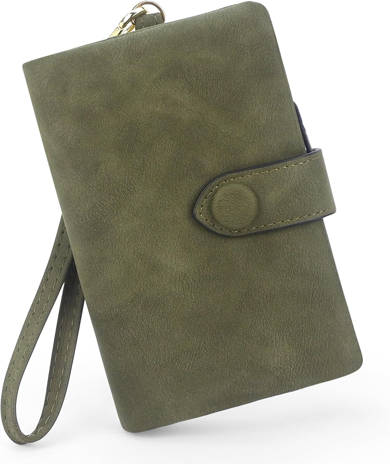 Small Womens Wallet,Large Capacity Leather RFID Wallet with Wristlet (Olive Green)