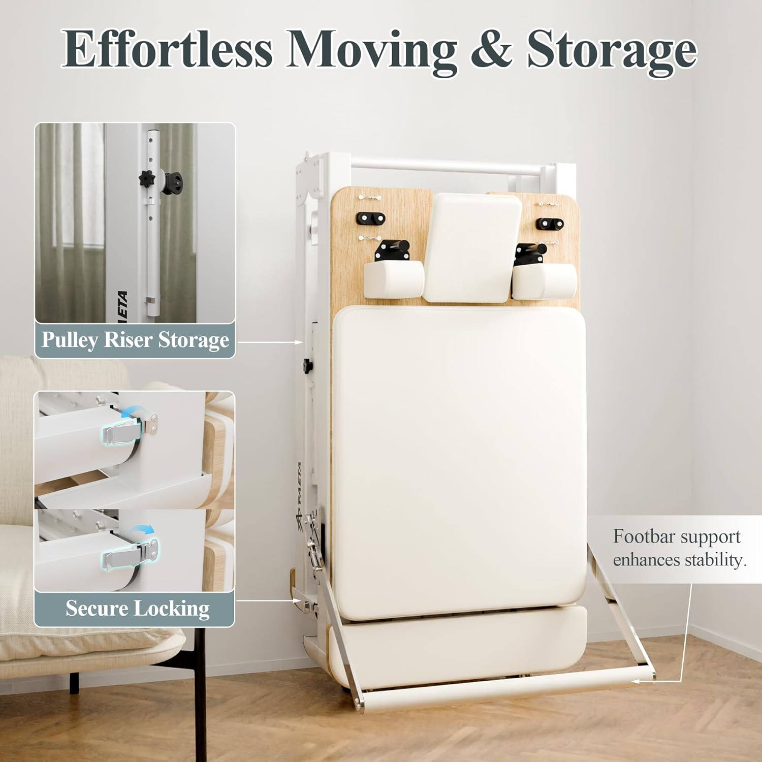 PAETA Pilates Reformer, 92” Aluminum Reformer Pilates Machine, Foldable Pilates Machine Equipment, with Music Wire Springs and Jump Boards, Cream White - Image 6