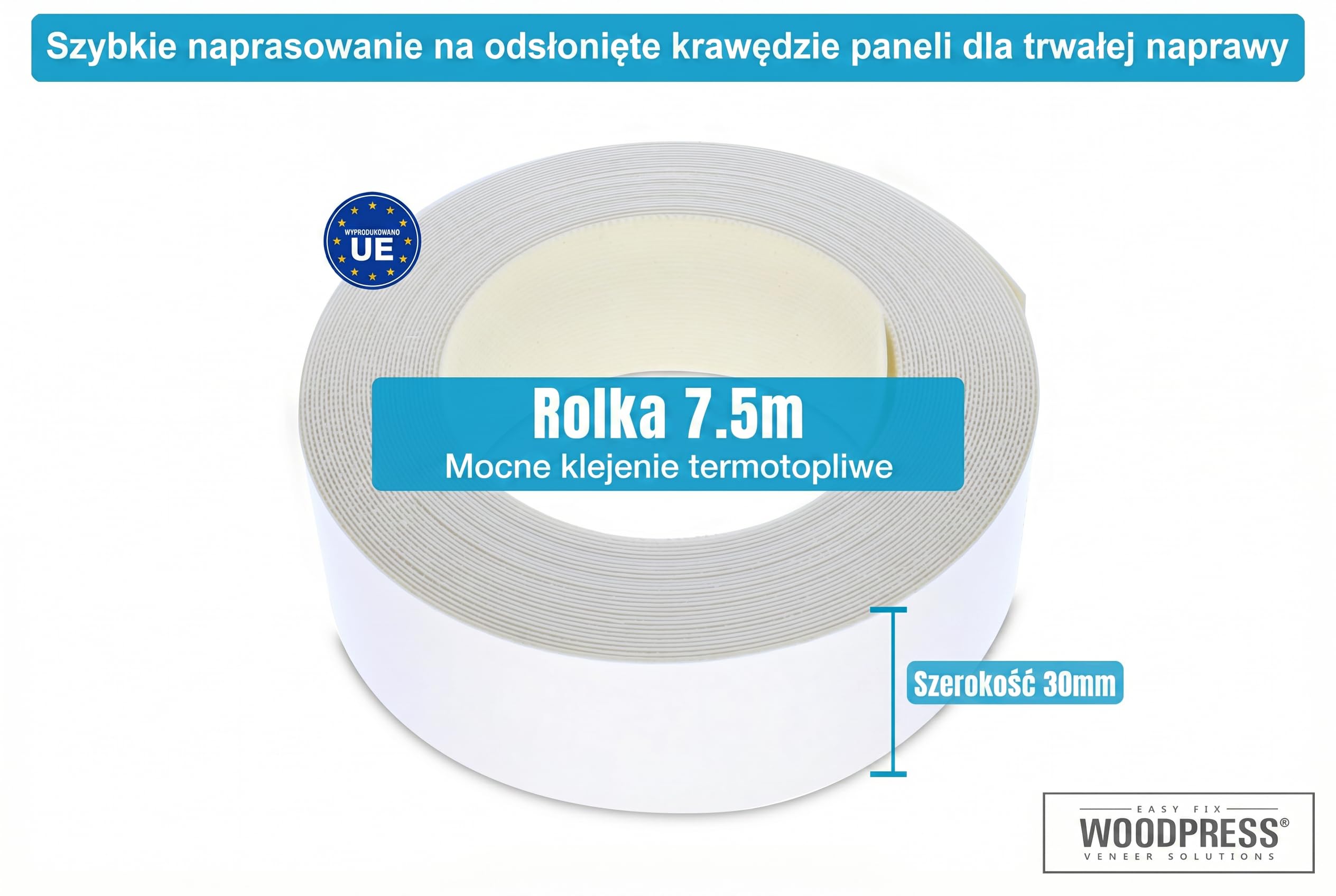 30 mm matowa biała taśma melaminowa, wstępnie klejona taśma fornirowa - rolka 7,5 m - prasowana do łatwego montażu "zrób to sam" - pokrywa krawędź standardowej płyty MDF