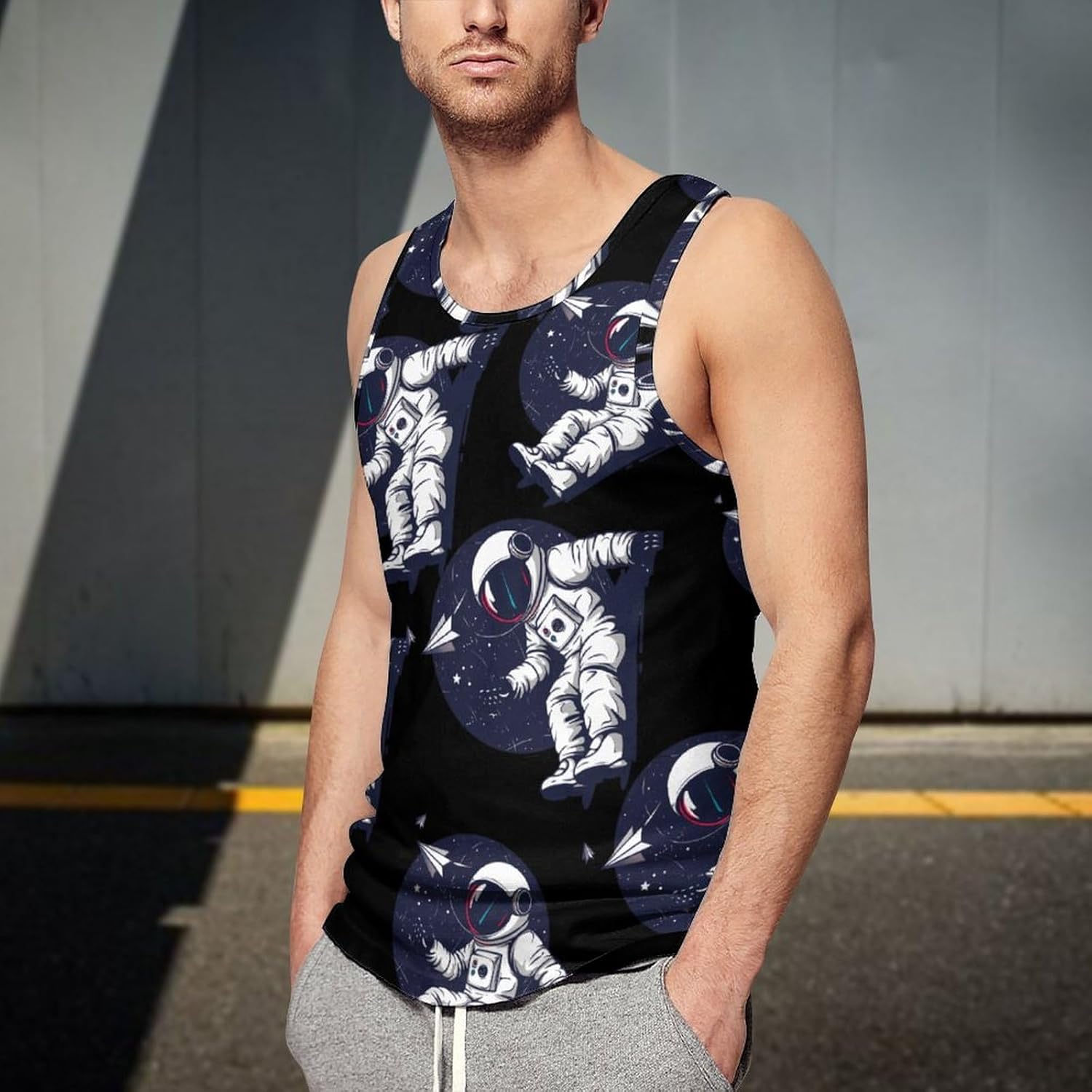 Relaxing Astronaut Throwing Paper Airplanes Men's Tank Top Sleeveless Muscle Shirts Vest Beach T Shirts for Workout Gym