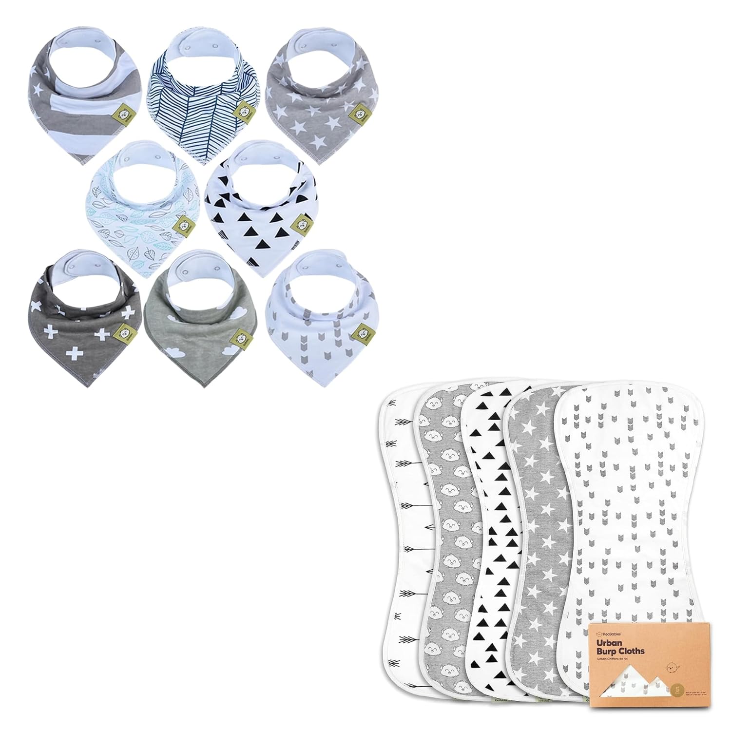 KeaBabies 8-Pack Baby Bandana Drool Bibs and 5-Pack Burp Cloths for Baby Boys and Girls - Stylish Unisex Bandana Bibs - Ultra Absorbent Burping Cloth - Super Absorbent Bandana Bibs