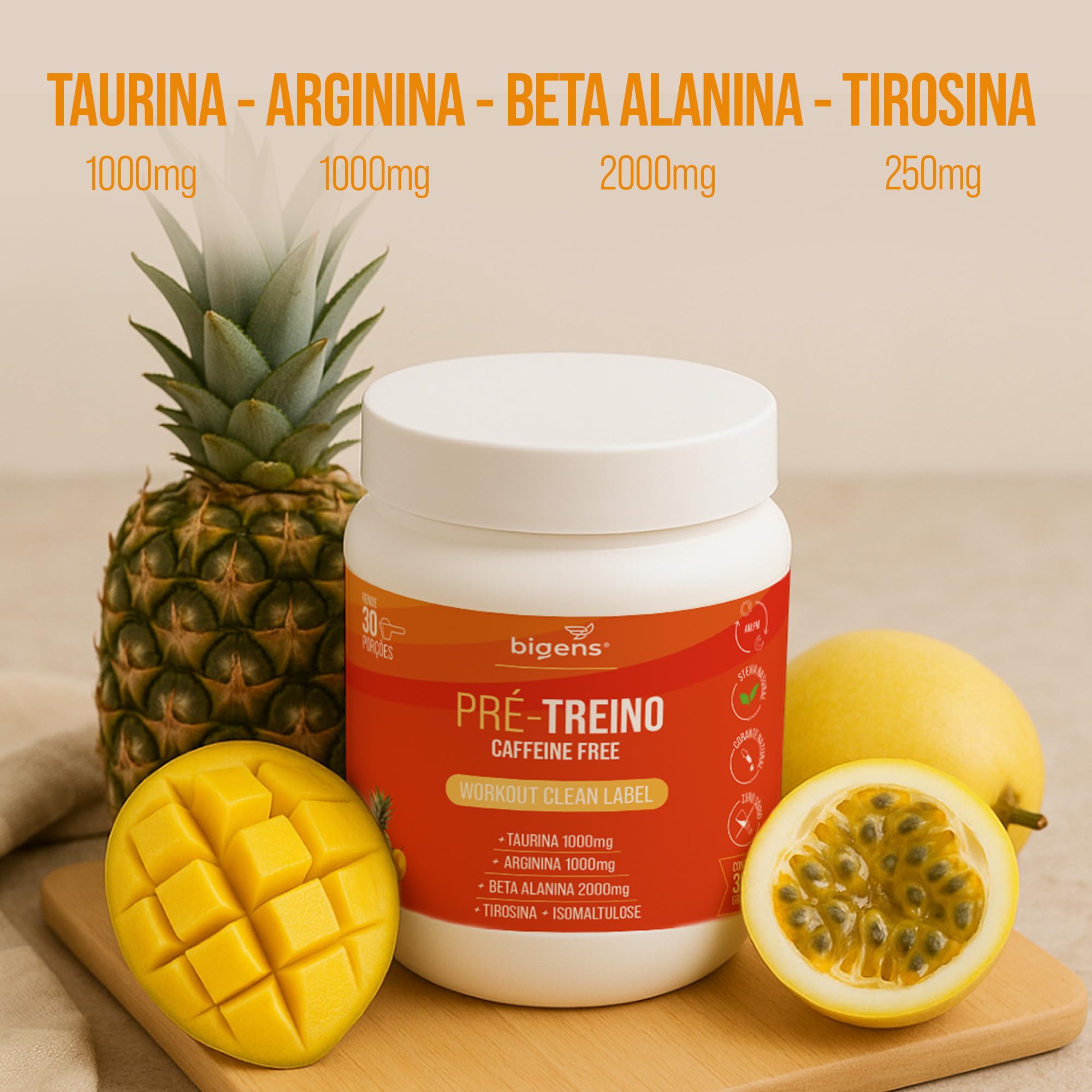Pré Treino, Sem Cafeína, Sabor Frutas Amarelas, 300g, Bigens