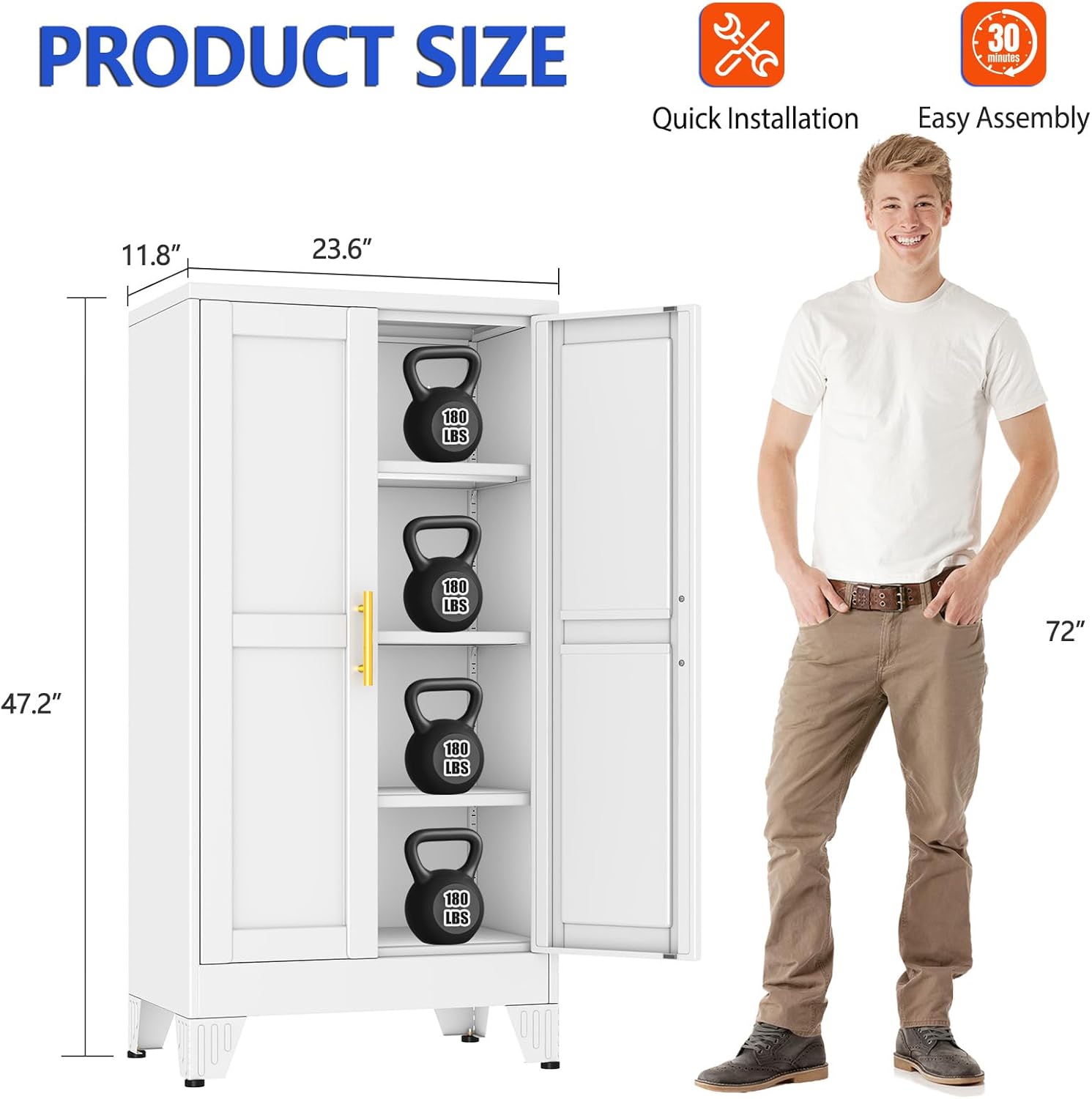 GAIOUS 47.2" Tall Metal Garage Storage Cabinet,File Cabinet with Door and Adjustable Shelves, Outdoor Steel Tool Cabinet for Home,Office,Warehouse,Garage,White
