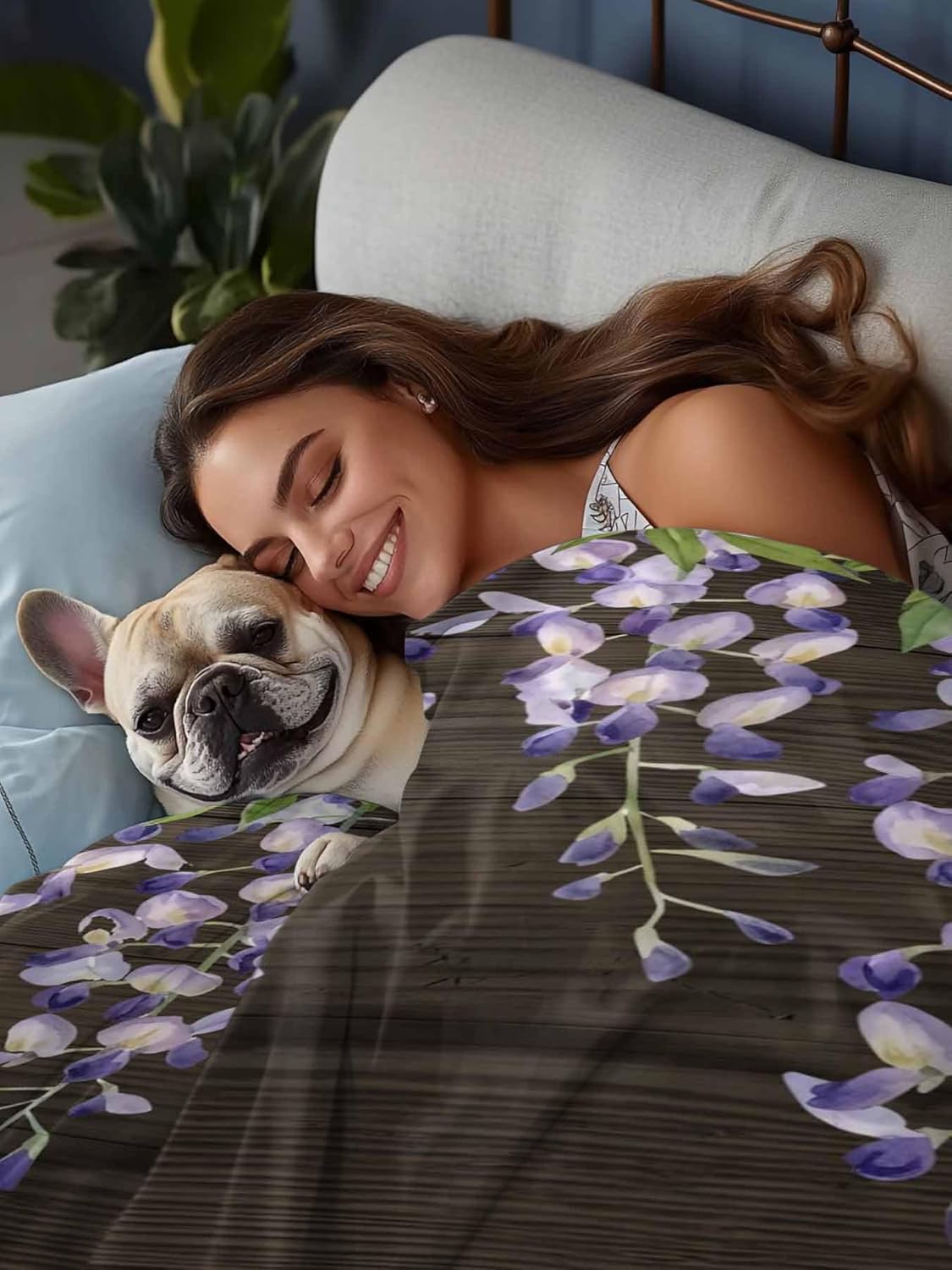 Queen Flat Sheet, Purple Flowers Queen Bed Sheets Only, Soft Microfiber Flat Sheet, Weeping Spring Floral Wooden Pastoral Hotel Quality Bedding Top Sheet Bedroom Home Dorm Decor