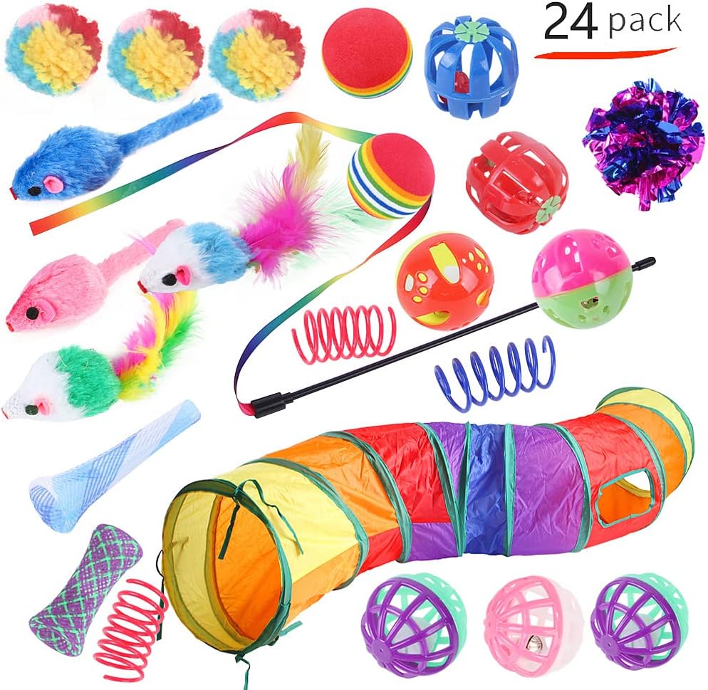 24 PCS Cat Toys Set,Interactive Cat Toy Pack Including Cat Crinkle Balls,Sparkle Balls,Spiral Springs,Collapsible Cat Tunnels,Colorful Balls and Bells,Funny Stick and Catnip for Indoor Cat