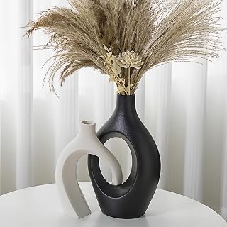 Liotww XL Snuggle Hollow Ceramic Vase Set of 2, Black and Beige Modern Vase