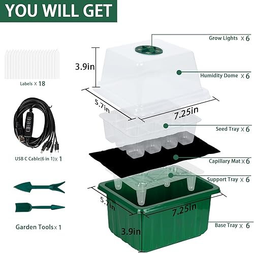 Miniatura 6 de ZHOLAH Bandeja de inicio de semillas de riego automático, kit con cúpula de luz de crecimiento y humedad, paquete de 6 bandejas de semillas de