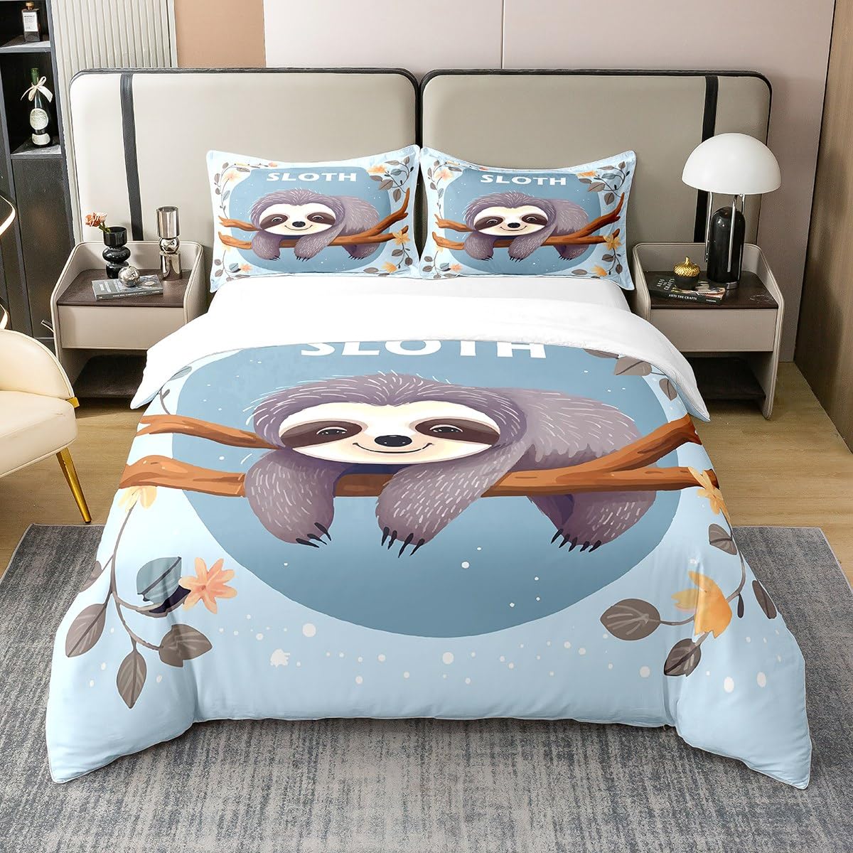 Housse de couette paresseux en coton bleu anti-transpiration enfant