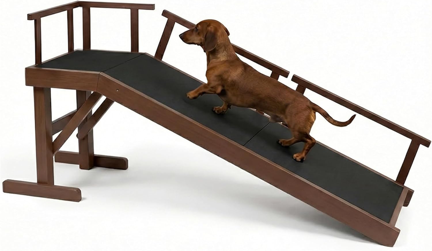 61″ Dog Ramp for Bed,Birchwood Pet Ramp with Removable Side Rail and Non-Slip Surface, Pet Ramp for Small & Large Dogs with Rest Platform and DIY Glow Strips,Dog Stairs for Couch, Brown