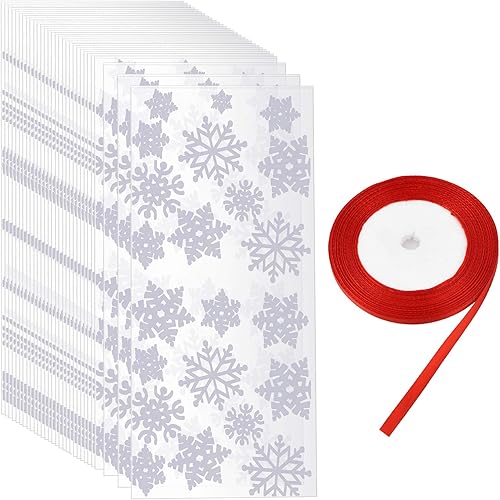 HOVEOX 200 bolsas de celofán de Navidad con cinta roja de copo de nieve, bolsas de golosinas transparentes para Navidad, Halloween, vacaciones,