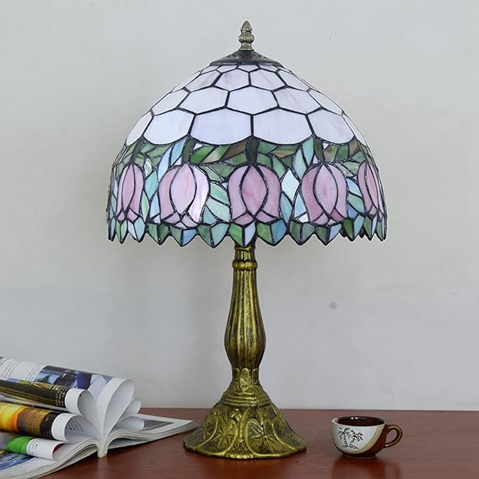 Blivuself Tiffany Lamp Stained Glass Lamp Pink Tulip Bedroom Table lamp Reading Desk Light for Bedside Living Room Office Dormitory Dining Room Decorate Housewarming Gift 12X12X18 Include Light Bulb photo 3
