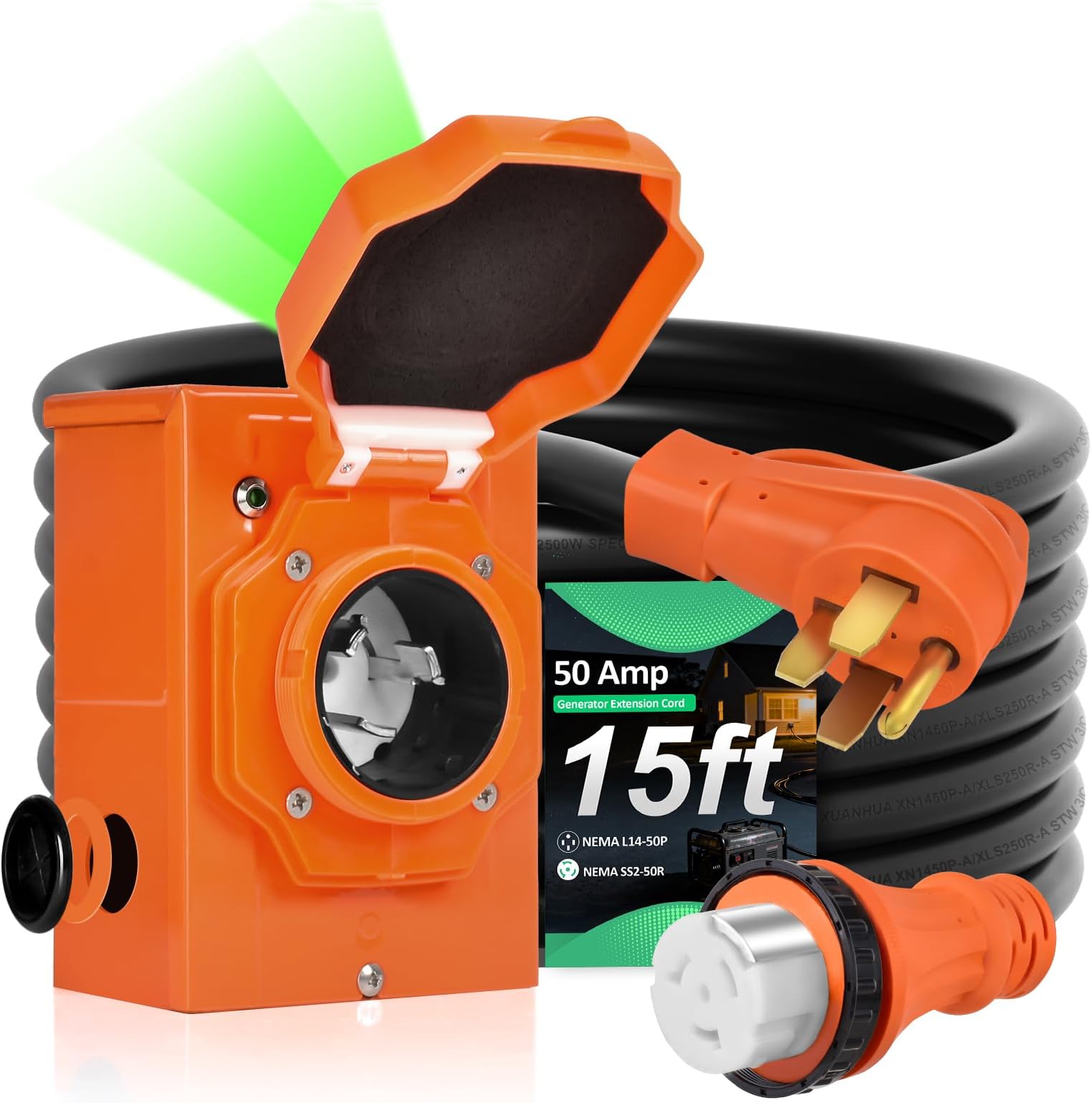H HZXVOGEN 50A Generator Cord and Power Inlet Box Combo Kit, NEMA 14-50P Male to SS2-50R Generator Extension Cord 125V/250V RV Generator Power Cord,