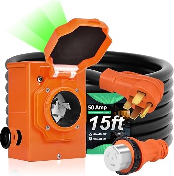 H HZXVOGEN 50 Amp Generator Cord and Power Inlet Box Kit, 15FT RV Extension Cord NEMA 14-50P/SS2-50R STW 6/3+8/1 AWG Power Cord with Pre-Drilled Generator Inlet Box Twist Lock Connector, UL&ETL Listed