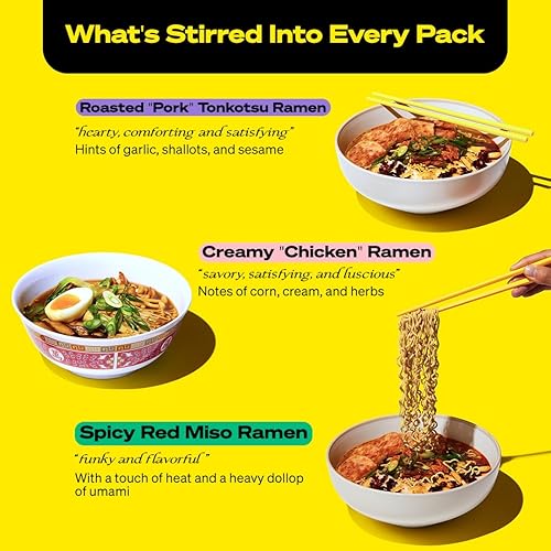 Miniatura 4 de immi Paquete variado de ramen, cremoso "pollo", miso rojo picante, tonkotsu de "cerdo" tostado, 100% a base de plantas, apto para dieta cetogénica