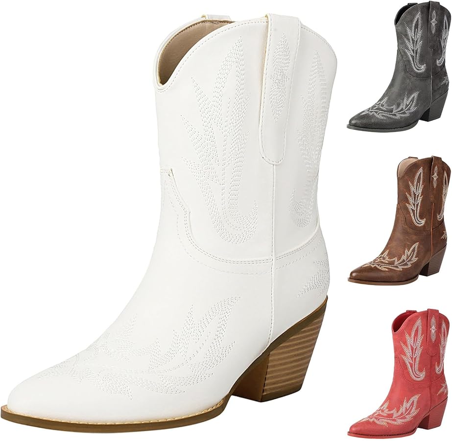 Bottes Cowboy Femme En Cuir Synthétique - Taille Large, Talon Bas - Style Western Vintage, Confortables Pour Hiver