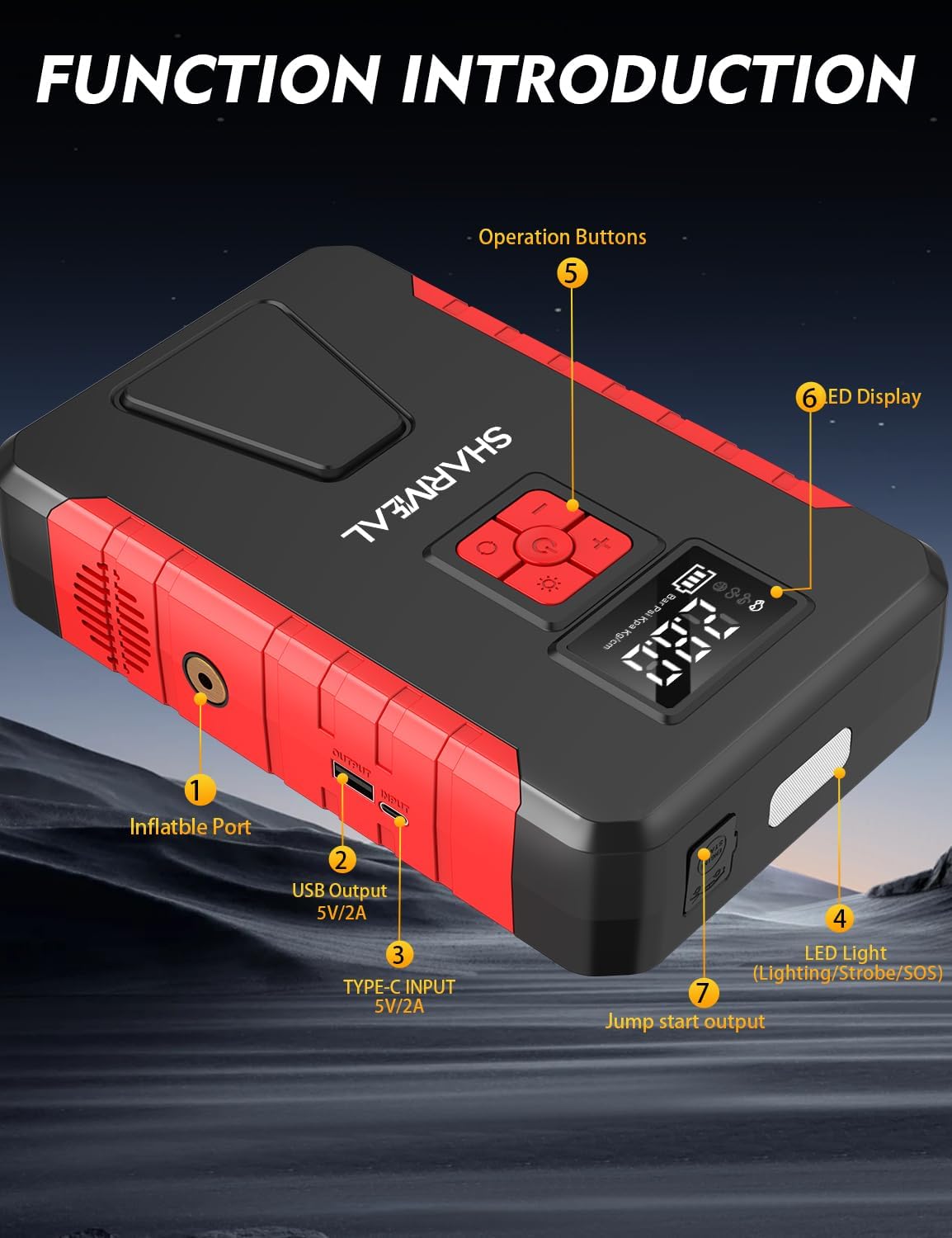 Sharmeal Car Jump Starter 5000A, Jump Starter Battery with Air Compressor Pack for Up to 10.0L Gas and 9.0L Diesel Engines, Portable 12V Jump Box with USB Ports and LED Light