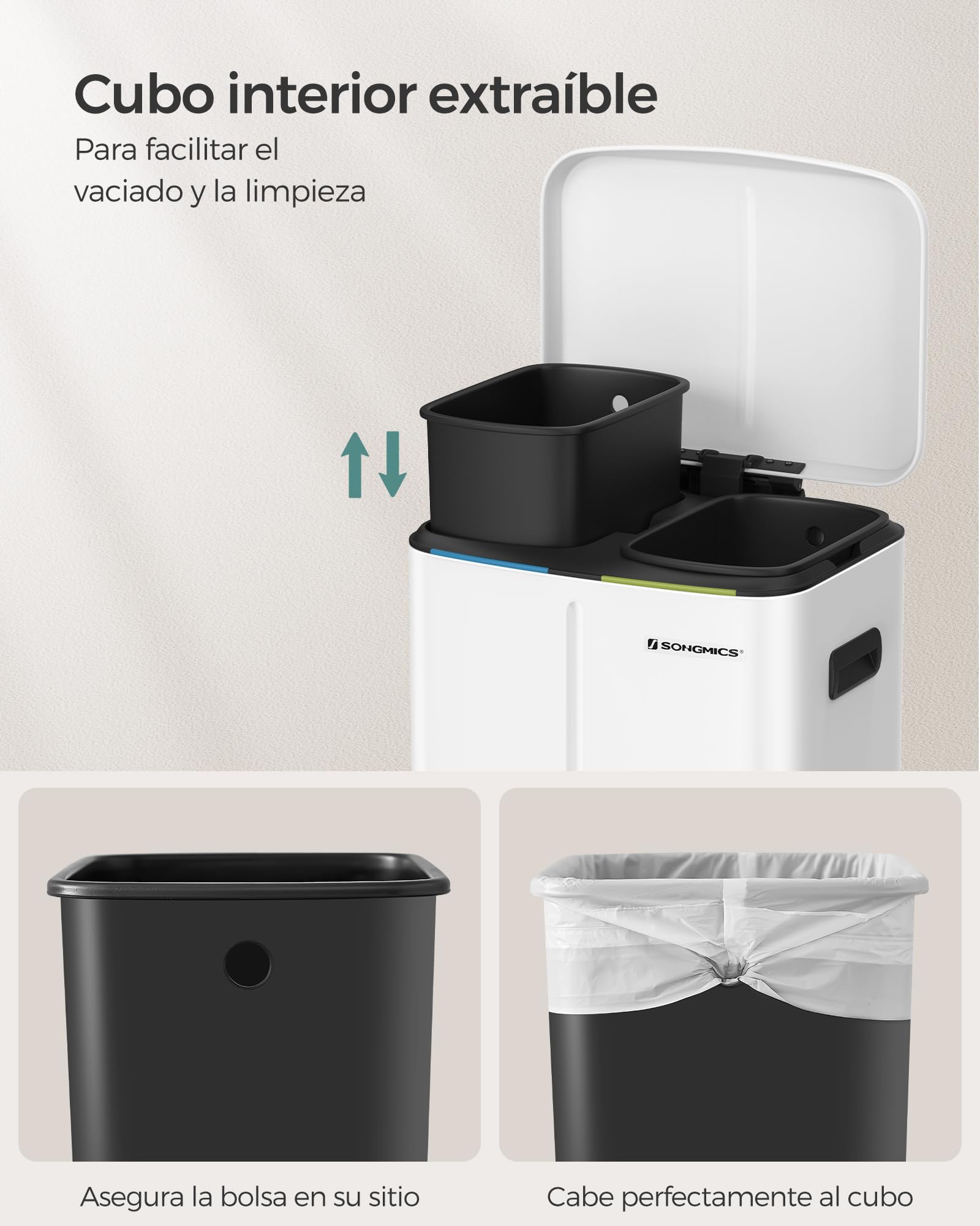 SONGMICS Cubo de Basura Doble, 2 x 20 L Cubo de Cocina, Cubo Metálico Pedal de Doble Compartimento, con Cubos Interiores de Plástico, Tapas de Cierre Suave y Asas, Sello Antiolor, Blanco LTB40WT