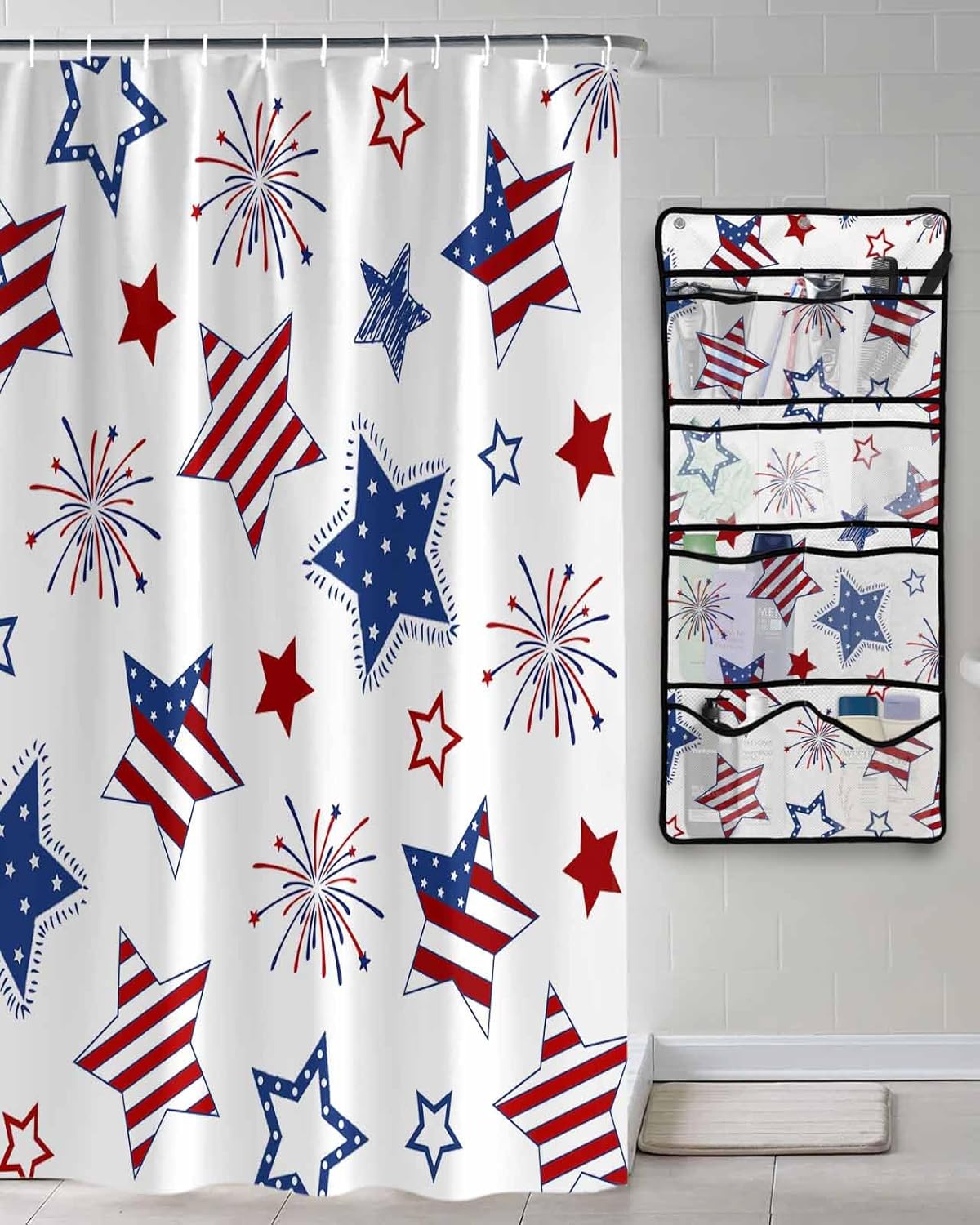 Shower Curtain Mesh Shower Organizer Hanging Set Independence Day USA Flag Pentagrams Waterproof Shower Curtains with 10 Pockets