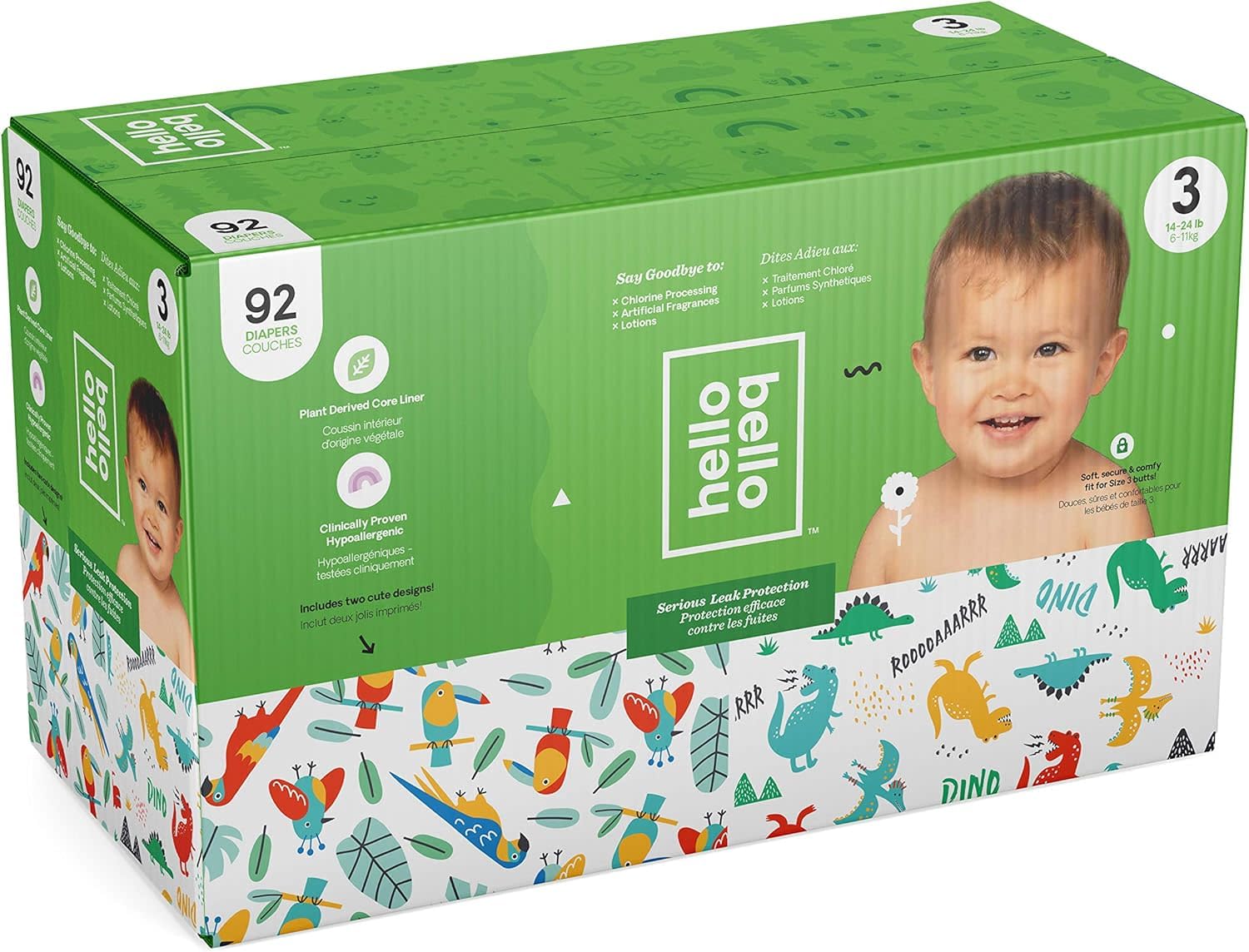 Hello BelloClub Box Diapers, Parrots And Dinos, Boy, Size 3, 92 Count