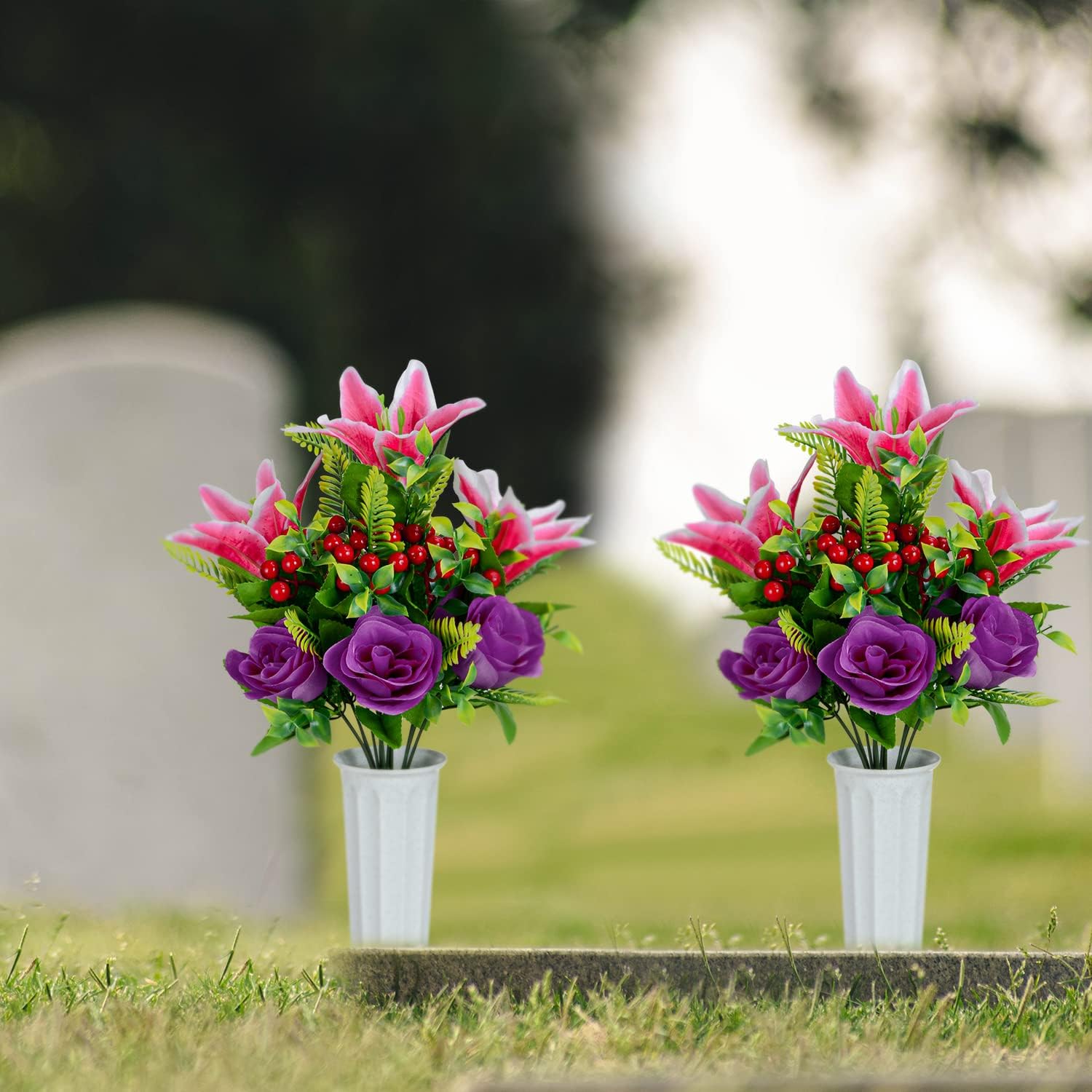XONOR Artificial Cemetery Flowers for Grave, Set of 4 Artificial Flowers Bouquet Memorial Flowers with Vase for Outdoor Cemetery Headstones Graveyard Gravestone Decoration (Pink&Purple-4Pcs) - Image 7