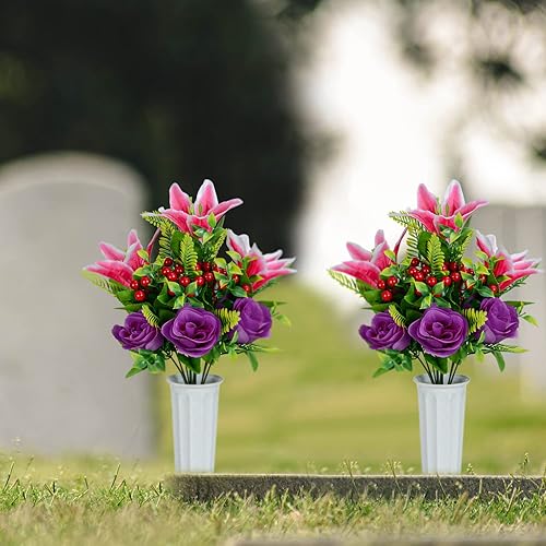 Miniatura 6 de XONOR Flores artificiales de cementerio para tumba, juego de 2 flores artificiales conmemorativas con jarrón para cementerio al aire libre, lápidas,