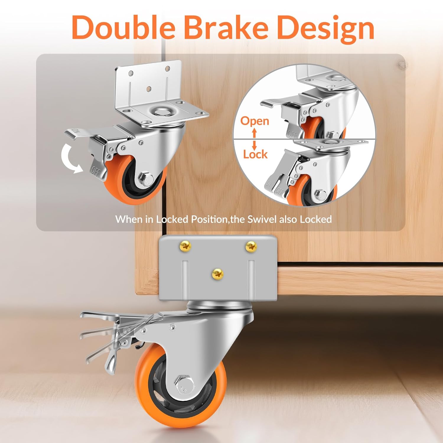 Caster Wheels,4 Inch L-Shaped Casters Set of 4 Heavy Duty,8-Pack Industrial Casters with Brake Polyurethane Wheels, Locking Caster Wheels for Furniture and Workbench