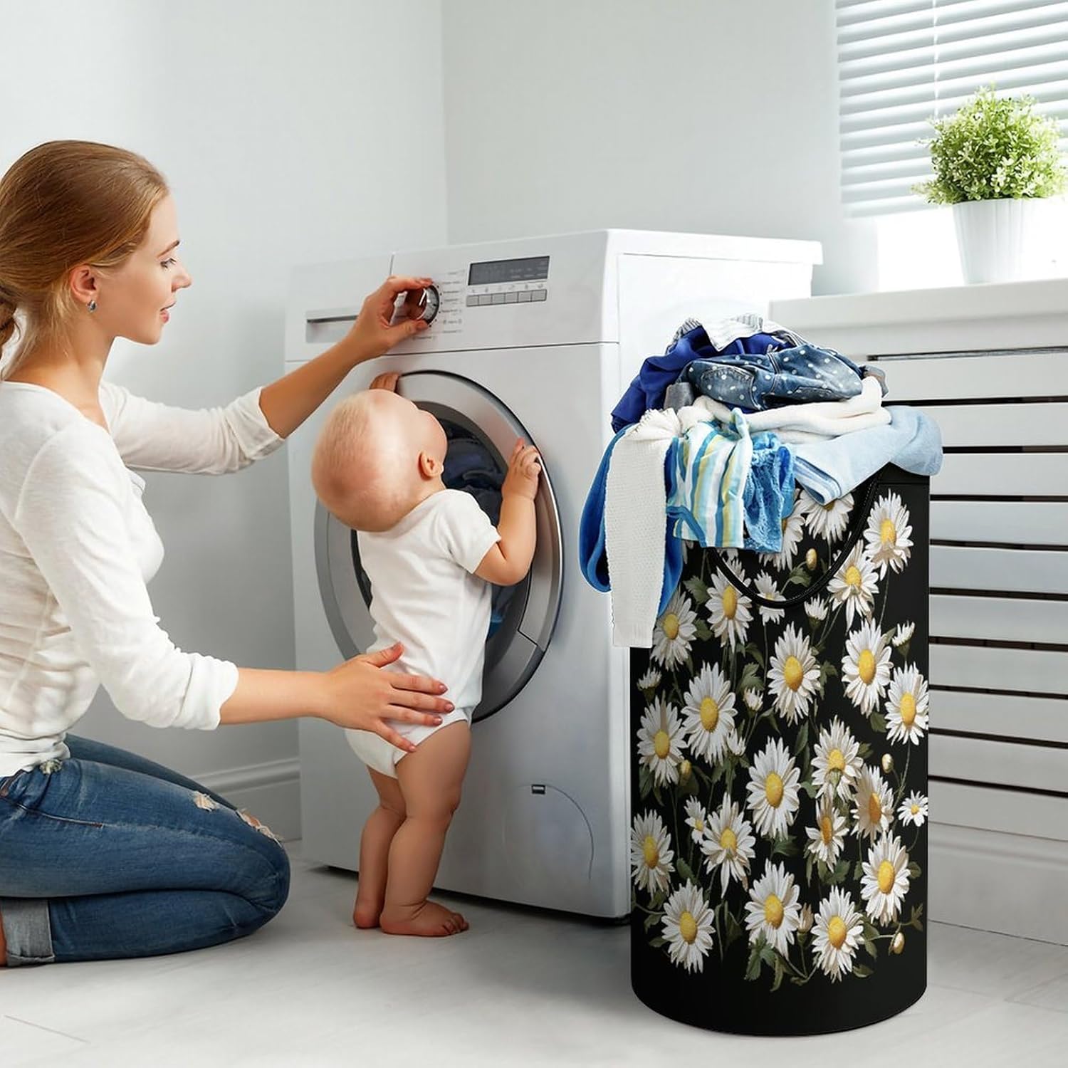 Daisy Laundry Basket Large Foldable Laundry Hamper with Handles Freestanding Collapsible Clothes Basket Waterproof Portable Dirty Clothes Hamper for Bathroom 86L