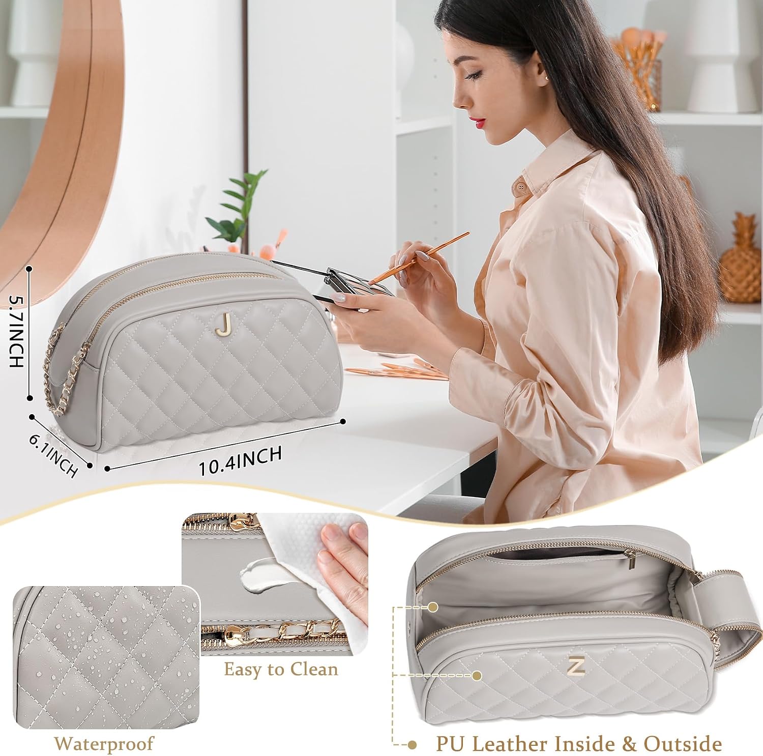 COSHAYSOO Fashion Thanksgiving Thank You House Warming Gifts for Hostess Women, Large Capacity Quilted Leather Makeup Bag Travel Beauty Cosmetics Skin Care Toiletry Organizer Taupe Monogram Letter J