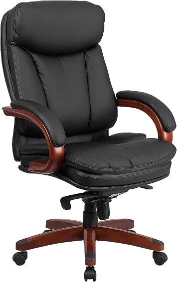 Flash Furniture Hansel High Back Black LeatherSoft Executive Ergonomic Office Chair with Synchro-Tilt Mechanism, Mahogany Wood Base and Arms