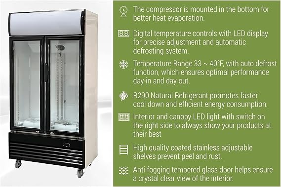Commercial Display Refrigerator, 2 Glass Door ETL Upright Merchandiser Fridge Cooler, Restaurant under counter 2 Section Fan Cooling 38 W 21.2 cu ft., Stainless Steel Frame
