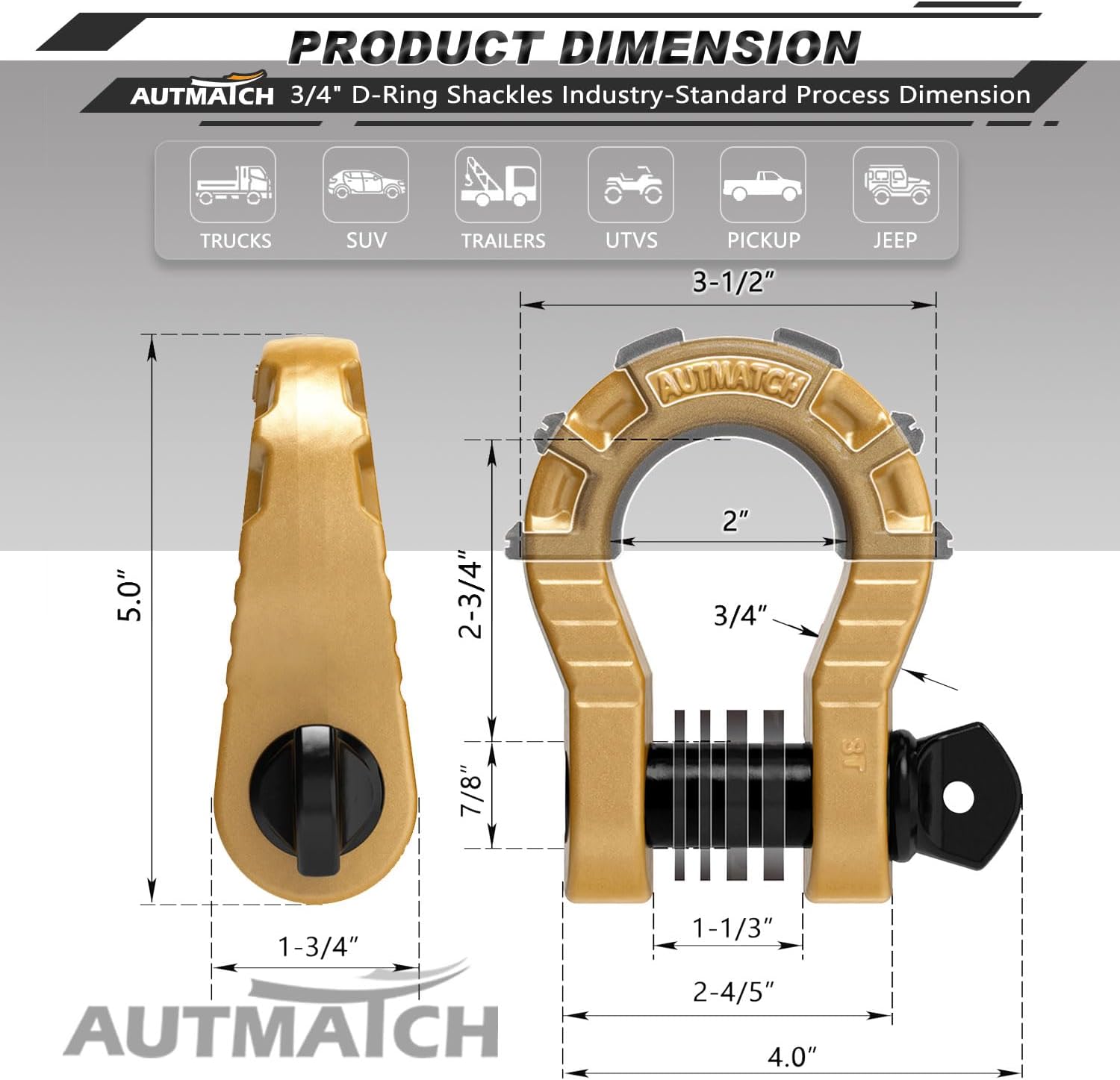 AUTMATCH D Ring Shackles 3/4" Mega Shackle (2 Pack) 68,000Ibs Break Strength - Heavy Duty Clevis Shackles with 7/8" Screw Pin and Isolator Washer for Tow Strap Winch Off Road Vehicle Recovery, Gold
