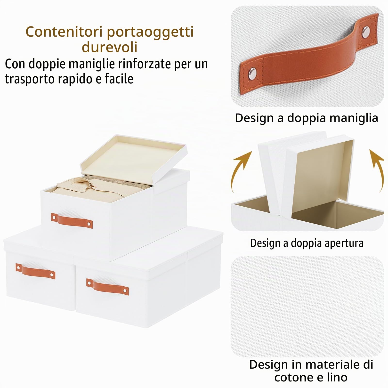 3 Pezzi Scatola con Coperchio Rimovibile, 47×28×20cm Organizer Armadio Cassetti, Salvaspazio, Contenitori con Maniglia, Scatole per Vestiti da Letto a Casa, Bianco