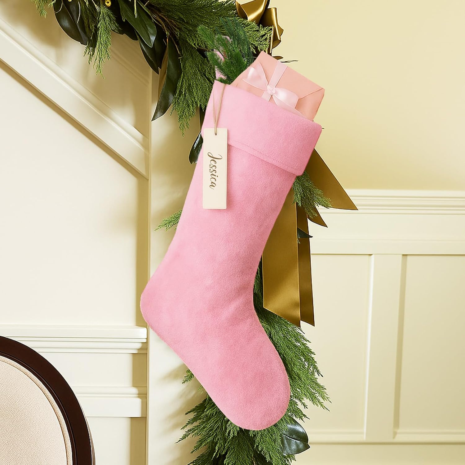 MiniInflat 3 Sets Pink Velvet Christmas Stockings with Blank Wooden Name Tags 17 Inches Large Personalized Xmas Stockings with Hanging Loop for Family Holiday and Fireplace Party Decoration