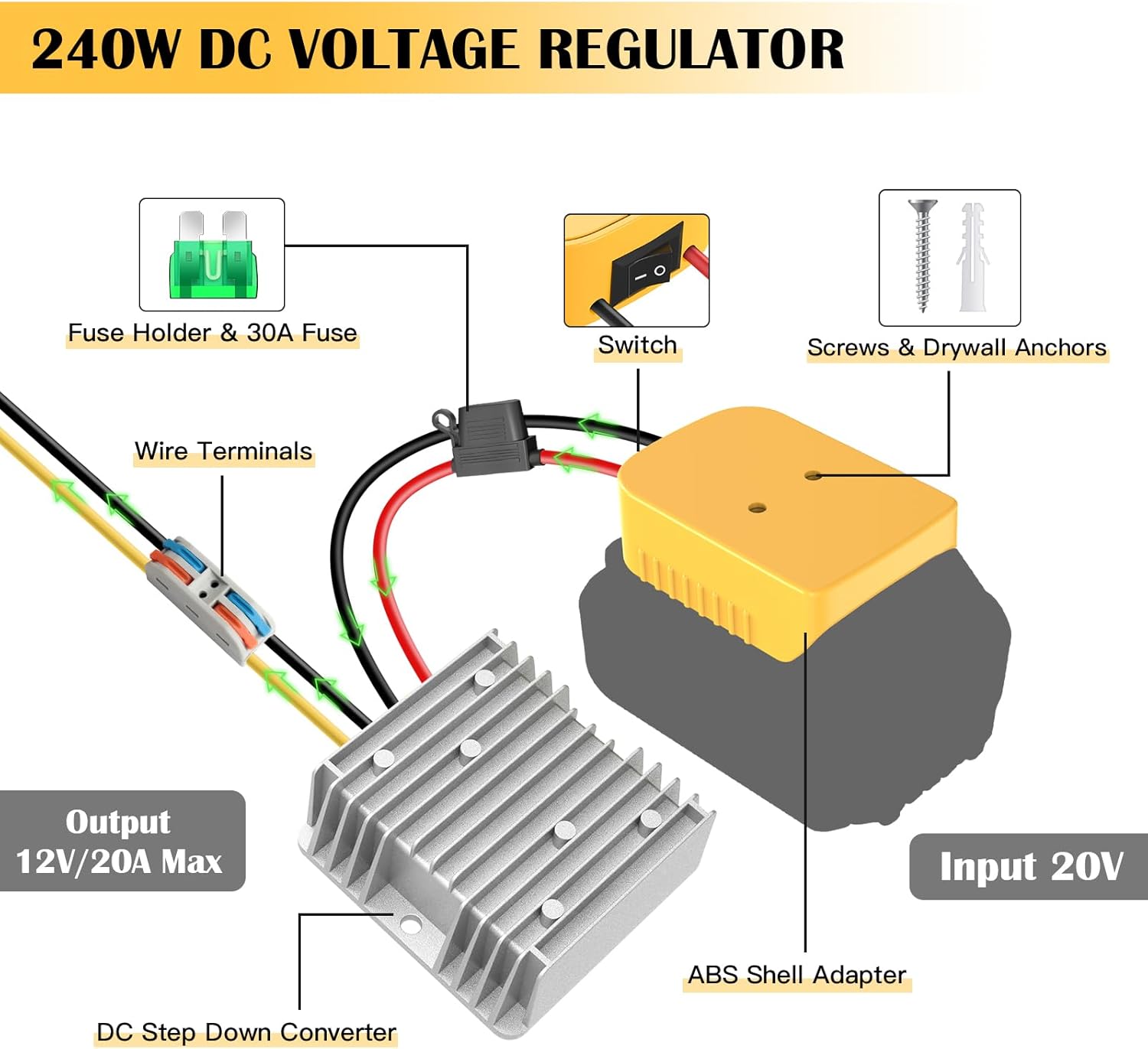 20V to 12V Step Down Converter for Dewalt 20V Battery, 240W DC Voltage Regulator with Over-Discharge Protection, Power Converter Adapter with Switch for Power Wheel Battery Adapter, DIY RC Toy Cars - Image 6
